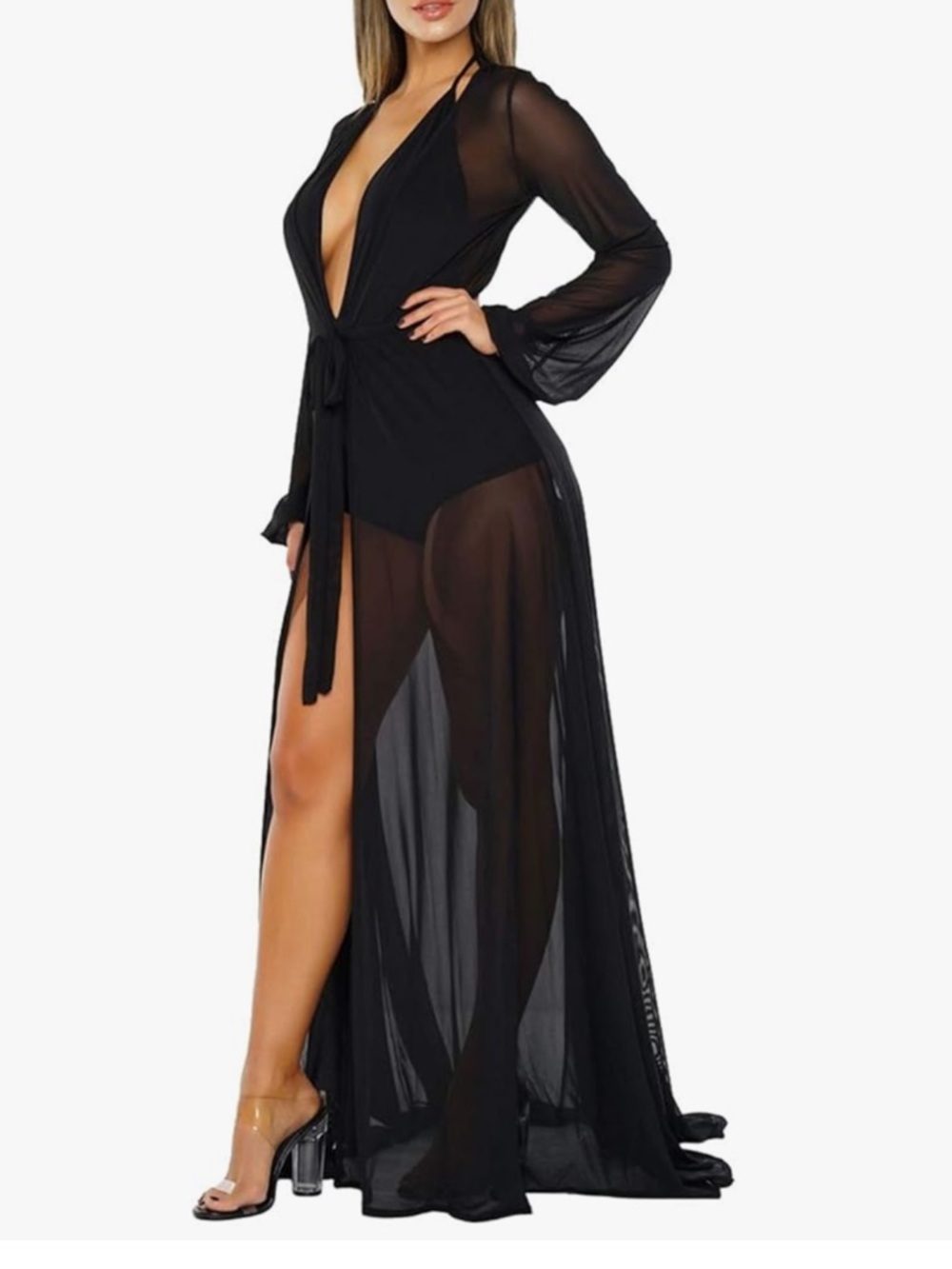 Black Sheer Maxi Swim Coverup robe with Waist Tie